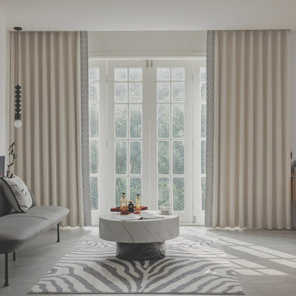 VisionaryHomeDesign curtain panels with embroidered design and tape trim