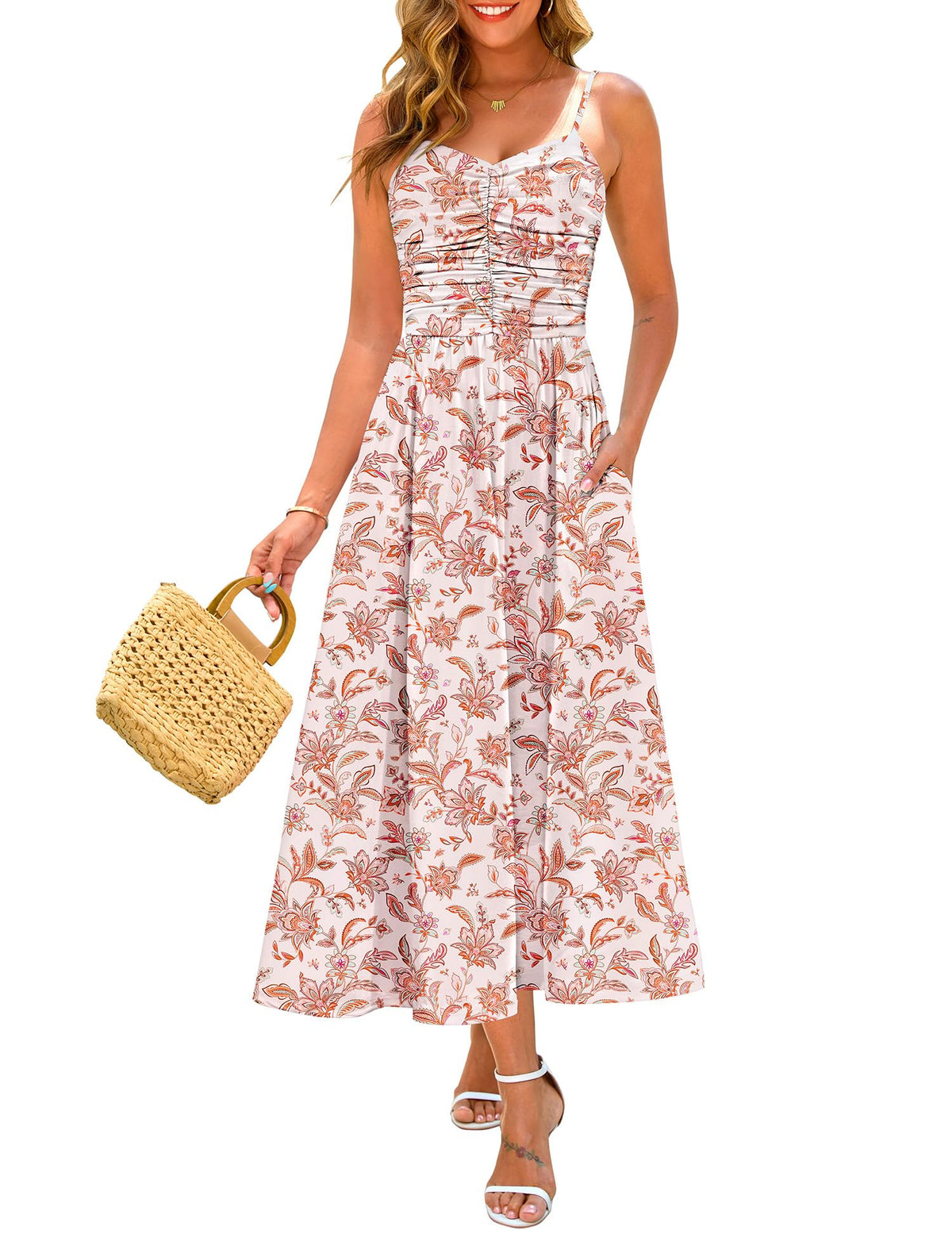 Annebouti dress — Ruched maxi with adjustable straps and pockets