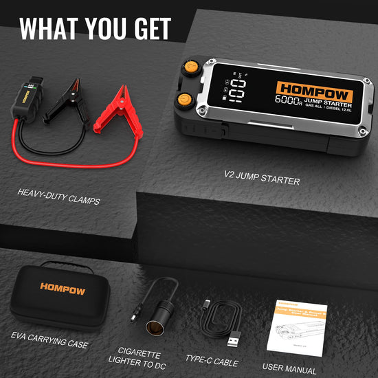 HOMPOW jump starter - 6000A capacity with LCD display and USB ports