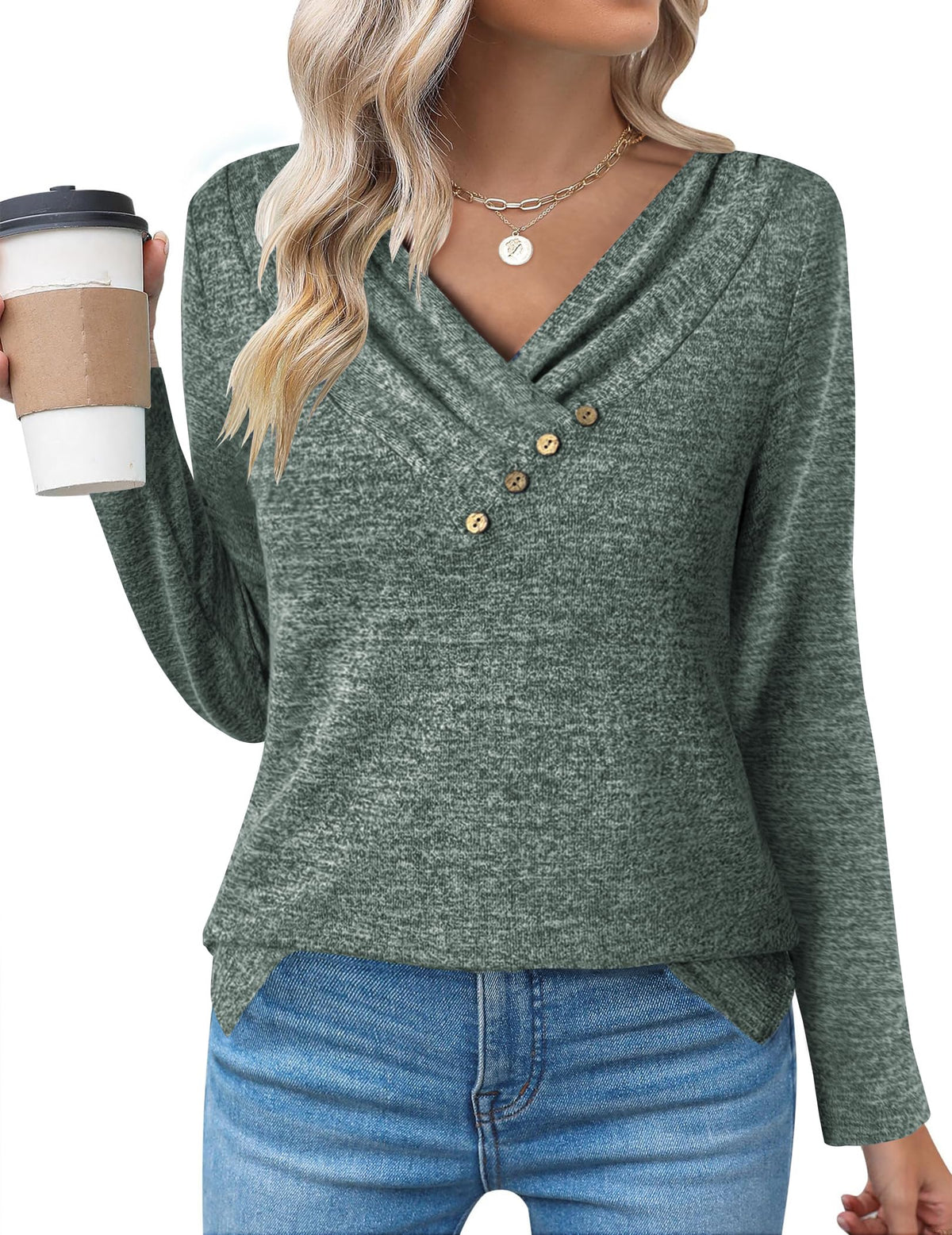 Zeagoo women's long sleeve tunic shirt with v neck and button detail for leggings