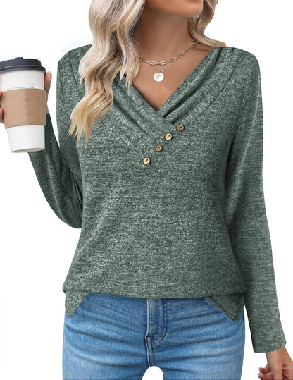 Zeagoo women's long sleeve tunic shirt with v neck and button detail for leggings