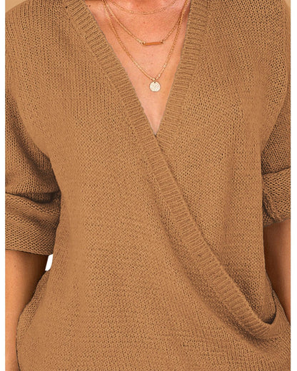 LookbookStore women's sweater - Knit long sleeve faux wrap surplice v neck top