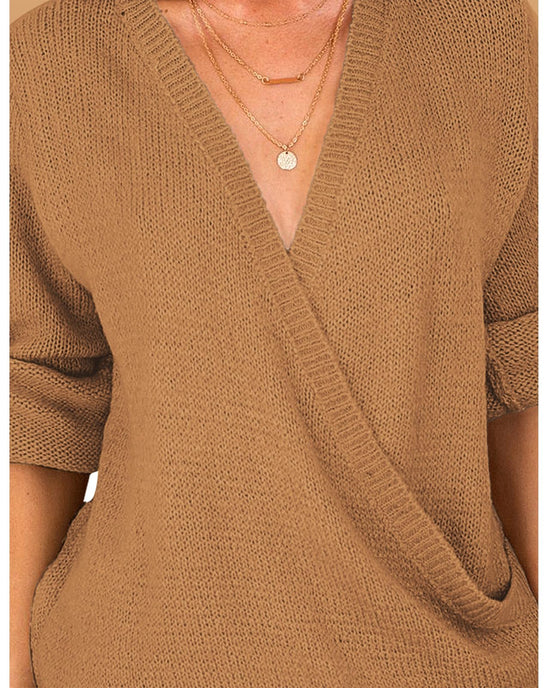 LookbookStore women's sweater - Knit long sleeve faux wrap surplice v neck top