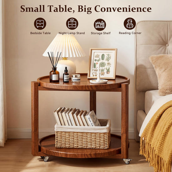 Taitiy rolling side table — solid wood with storage shelf and wheels in walnut 21.5