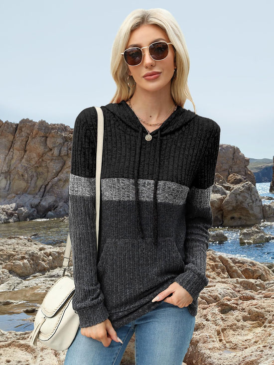 MixShe women’s color block knit hoodie — casual long sleeve pullover with pocket