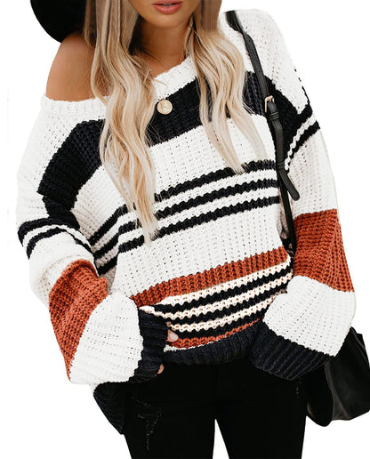 KIRUNDO women's striped color block sweater - casual loose knit pullover top
