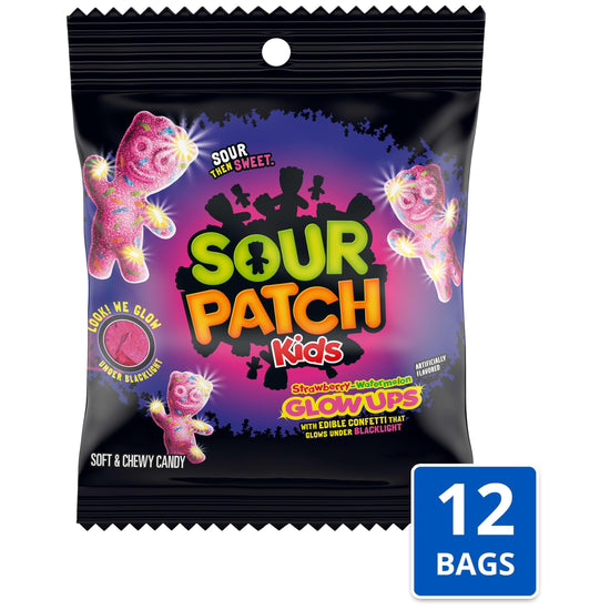 SOUR PATCH KIDS — Glow ups strawberry-watermelon gummy candy in bulk bags 12-3.08 oz bags.