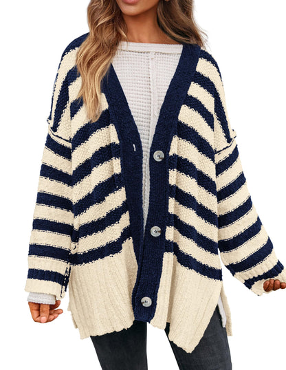 PRETTYGARDEN sweater - Oversized striped cardigan with button down front and long sleeves