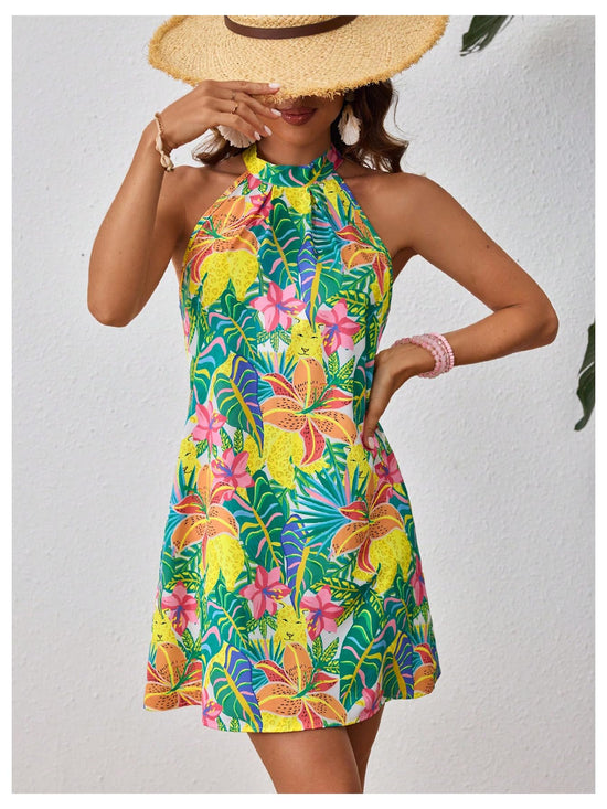 Floerns dress — sleeveless floral print halter neck A line short style