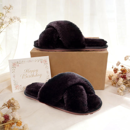 Crazy Lady fuzzy memory foam slippers with cross band design