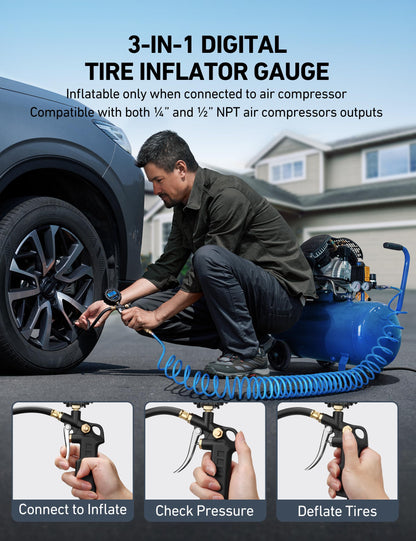 AstroAI digital tire pressure gauge — with inflator and quick connect coupler