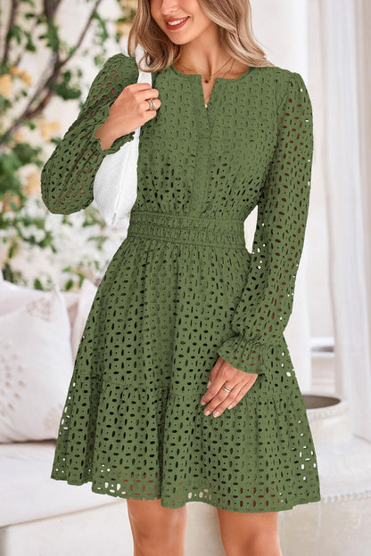 Dress — Long sleeve eyelet v neck A line holiday wedding guest dress