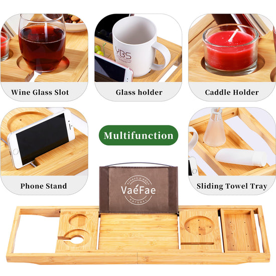 Bathtub tray — Expandable wooden design with wine and book holder