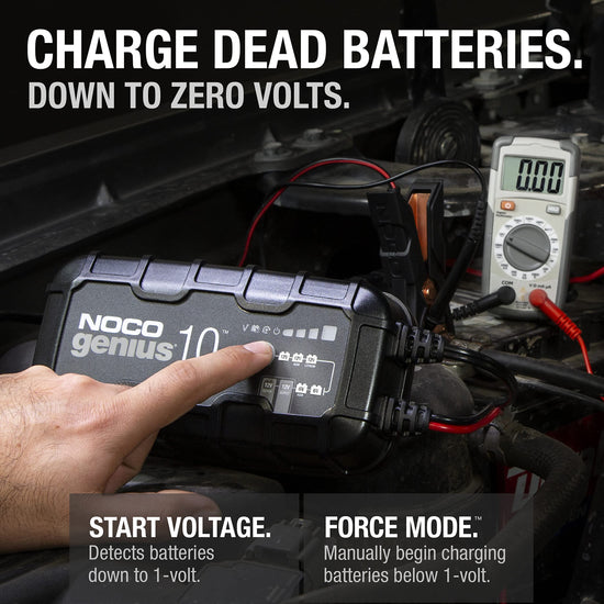 NOCO genius10 battery charger — 10A smart charger with desulfator and temperature compensation
