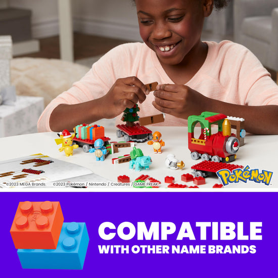 Toy building block set — Pokemon holiday train with 373 pieces and 4 characters