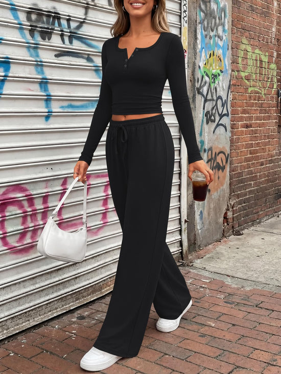 Coordinated outfit — Trendy Queen women's lounge set with henley neck top and wide leg pants