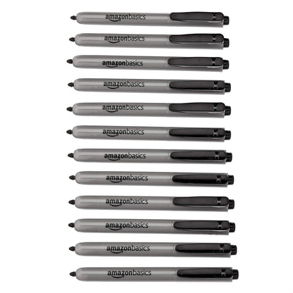 Amazon Basics Retractable Permanent Markers, Quick Drying Fade Resistant Ink, Versatile Art Supplies for Drawing, Black, 12 Count