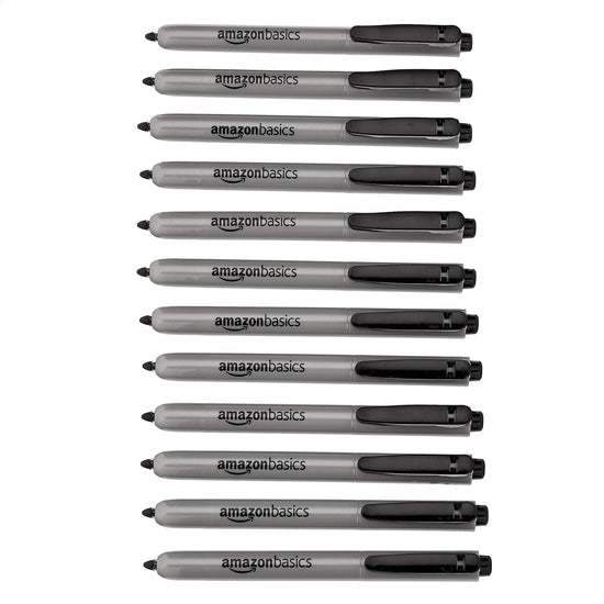Amazon Basics Retractable Permanent Markers, Quick Drying Fade Resistant Ink, Versatile Art Supplies for Drawing, Black, 12 Count