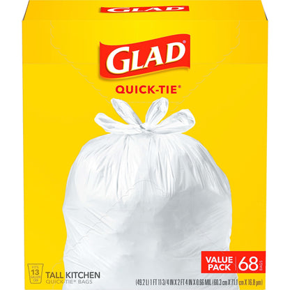 Glad waste bag — Tall kitchen quick-tie, 13 gallon, 68 count, white pack may vary