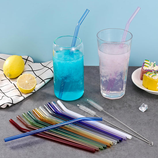 Drinking straw — 14 reusable colorful glass straws with cleaner brushes