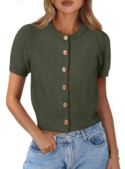 Sweater — Womens casual summer short sleeve button down cardigan by PRETTYGARDEN