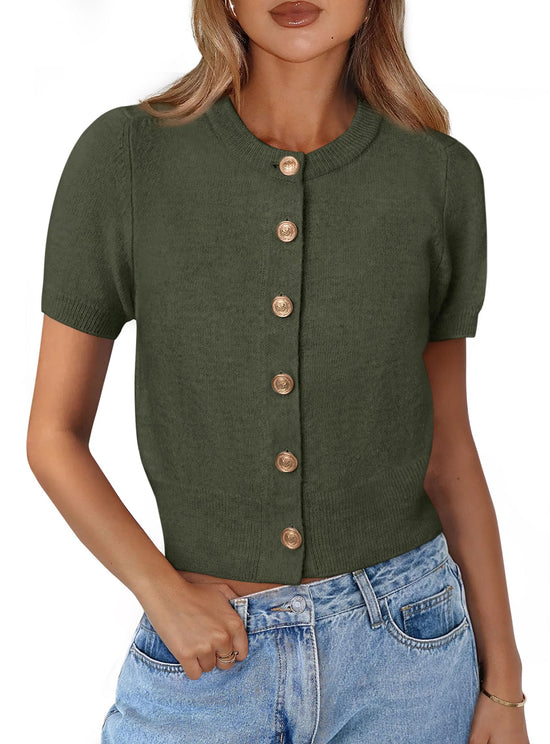 Sweater — Womens casual summer short sleeve button down cardigan by PRETTYGARDEN