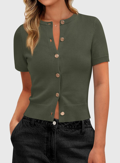 Sweater — Womens casual summer short sleeve button down cardigan by PRETTYGARDEN