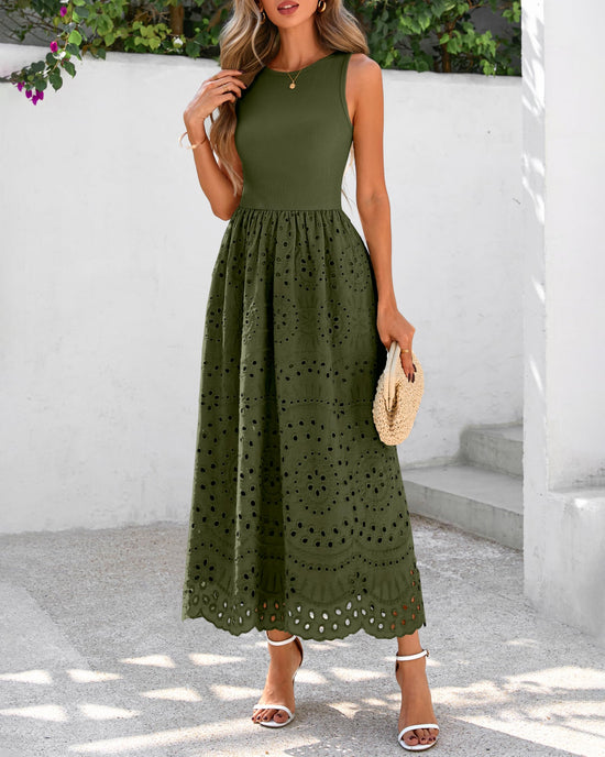 Dowerme dress — Casual sleeveless A-line maxi with pockets and lace eyelet detail.