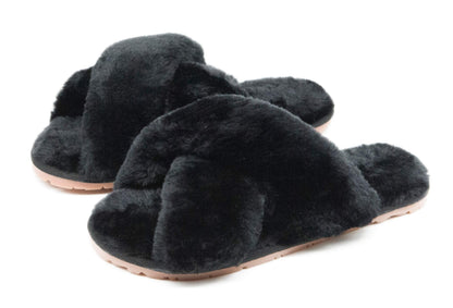 Crazy Lady fuzzy memory foam slippers with cross band design