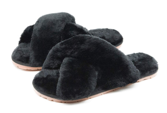 Crazy Lady fuzzy memory foam slippers with cross band design