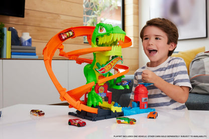 Hot Wheels toy vehicle set — City T-Rex blaze battle with spinning dinosaur eyes