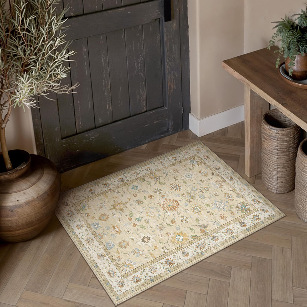 HUGEAR rug — washable vintage distressed design for living spaces and playrooms