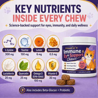 PrimalCat Immune & Eye Support, Chicken Flavor Upgraded Primal Cat Immune Chews, Cat Food, Supports Healthy Eyes and Immune Function 60 Chews (1 Pcs)