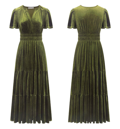R.Vivimos women's vintage velvet maxi dress with short sleeves and ruffles