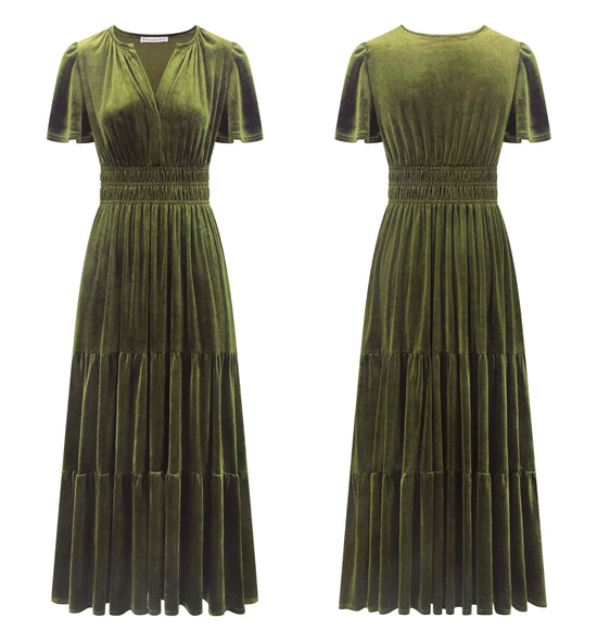 R.Vivimos women's vintage velvet maxi dress with short sleeves and ruffles