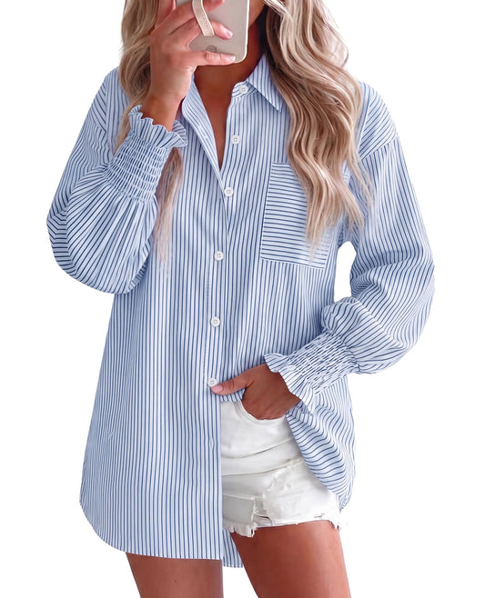 Gleeivy women's oversized button down shirt - striped smocked cuff long sleeve