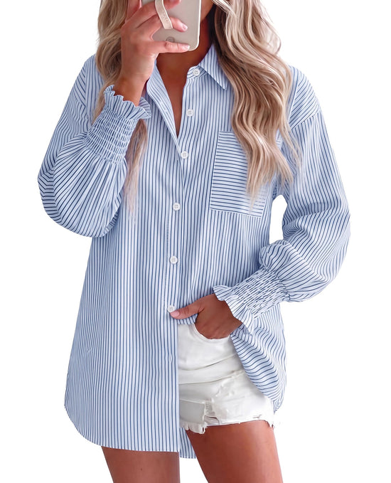 Gleeivy women's oversized button down shirt - striped smocked cuff long sleeve