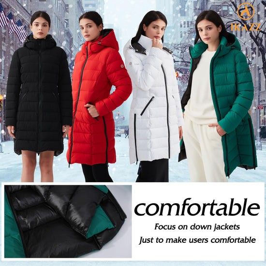 IKAZZ women's coat - packable long hooded vegan down parka jacket