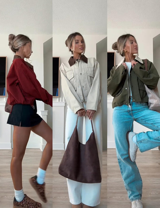 Megfie cropped coat — Contrast collar utility design with pockets and cargo styling