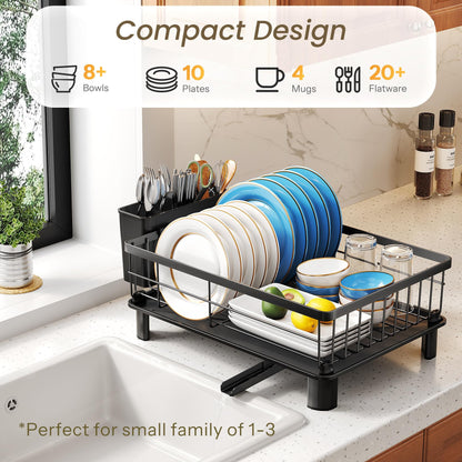SNTD drying rack — small stainless steel dish drainer with utensil holder and drainboard