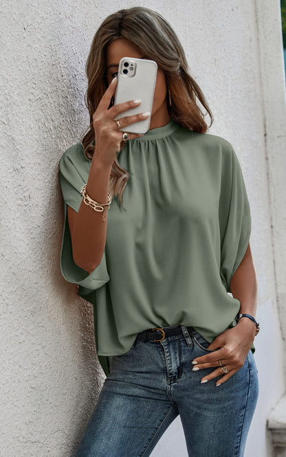 Angashion shirt — Short sleeve self tie loose fit tunic blouse