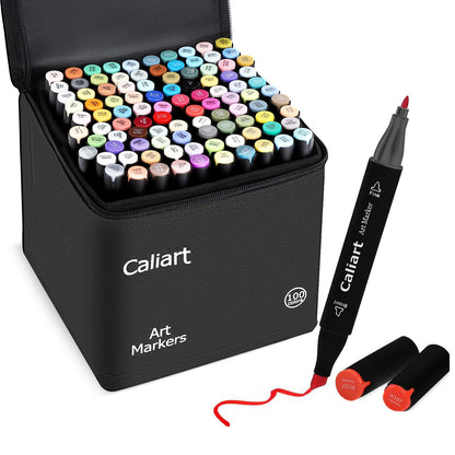 Caliart alcohol markers — 100 colors dual tip art markers with case for artists
