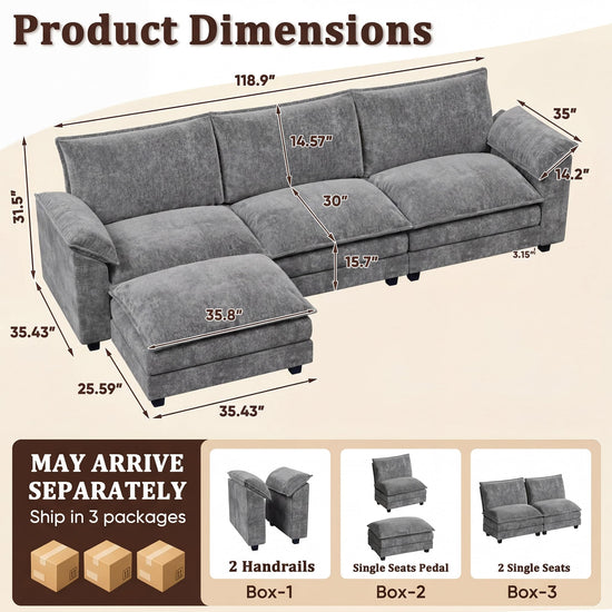JUMMICO 118.9" Modular Sectional Cloud Couch 3-Seat Sofa Set with Movable Ottoman, L Shaped Sofa Couch with Deep Seat, Chenille Couches for Living Room (Light Grey-4, L Shaped Sofa)