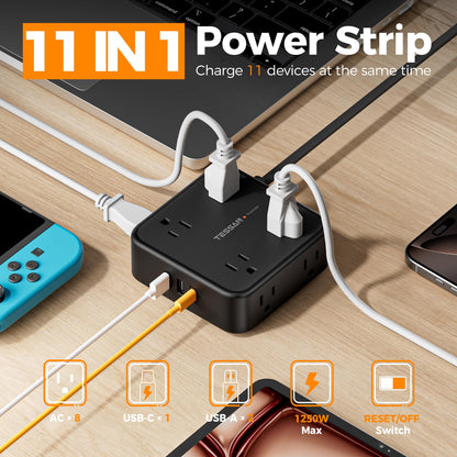 TESSAN power strip with flat plug and 8 outlets, 900J surge protection.