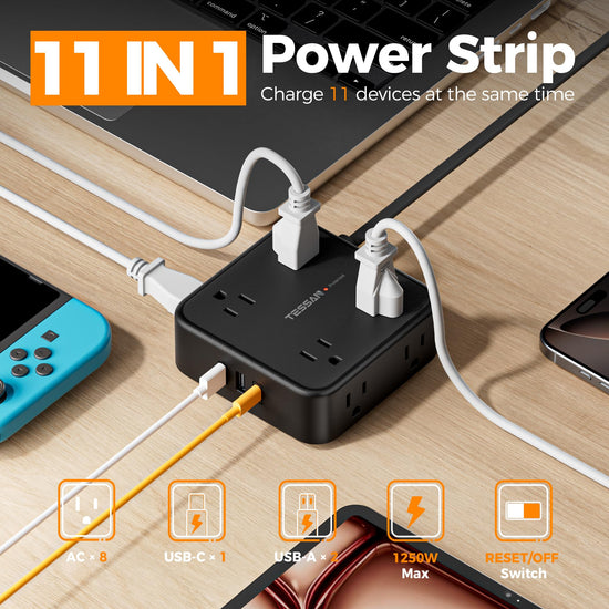 TESSAN power strip with flat plug and 8 outlets, 900J surge protection.