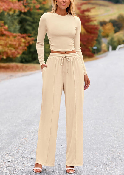 Coordinated outfit — PrettyGarden women's long sleeve crop top and wide leg pants set