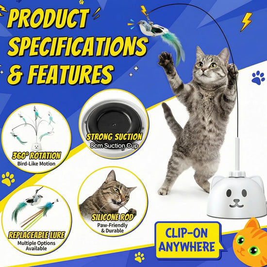 CATPICK interactive cat toy — automatic flying bird feather with suction base and motion activation
