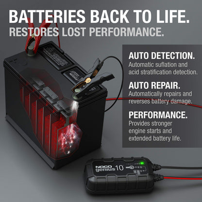 NOCO genius10 battery charger — 10A smart charger with desulfator and temperature compensation