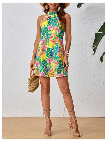 Floerns dress — sleeveless floral print halter neck A line short style