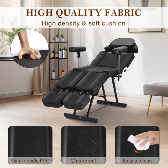 Tattoo Chair for Artist, Esthetician Facial Bed with Adjustable Armrests & Headrest, Split Legs Design Professional Tilting Massage Table with Stool for Eyelashes Spa Tattoo Studio, 440lbs, Black